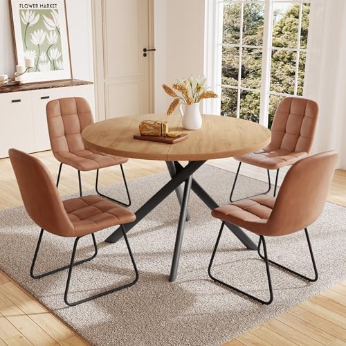 HIPIHOM 45.3 Inch Round Dining Table Set for 4, Mid Century Modern Small Kitchen Coffee Set for Dining Room Kitchen Apartment (Oak Table + 4 U-Shaped Brown Chairs) - color: Oak Table+4 U-shaped Brown Chairs