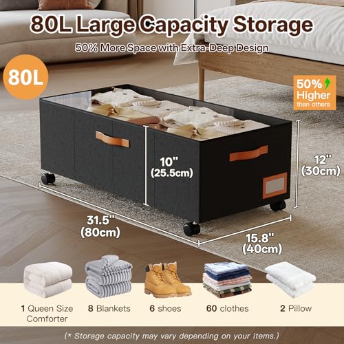 Under Bed Storage with Wheels, 12" Height Under Bed Storage Extra Deep Under Bed Storage Containers, Perfect for 14'' Bed Frame, No Assemble Metal Rolling Underbed Storage for Clothes Shoes Blankets - color: Extra-Tall Design