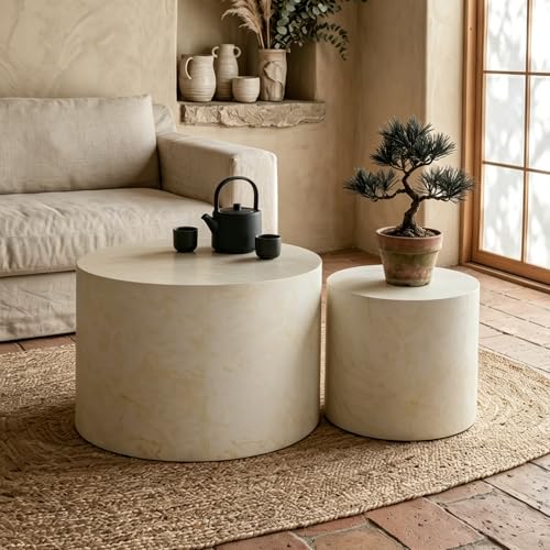 Round Nesting Coffee Table Set of 2 Living Room, No Assembly | Modern Wooden Center Tables, Tea Table for Apartment, Small Circle Accent End Table Set, Beige&White - color: A-beige&white