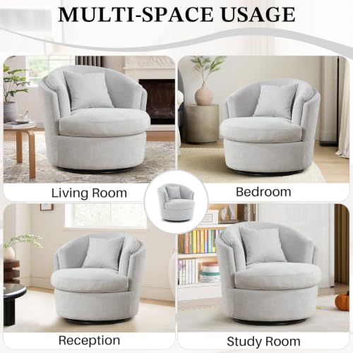 Swivel Accent Chair, Widened Round Barrel Chair with Pillow | Wide Padded Seat, Upholstered Chenille, Silent 360° Swivel Barrel Armchair for Living Room Bedroom Reading Nook, Light Gray - color: Light Gray