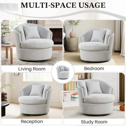 Swivel Accent Chair, Widened Round Barrel Chair with Pillow | Wide Padded Seat, Upholstered Chenille, Silent 360° Swivel Barrel Armchair for Living Room Bedroom Reading Nook, Light Gray - color: Light Gray