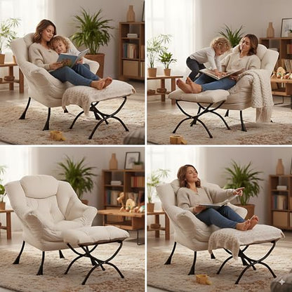 Lazy Chair with Ottoman, Comfy Accent Reading Chair, Velvet Beige | Foldable Footrest,Removable Cover,with Armrests and Side Pockets,Upholstered Lounge Chair for Bedroom,Dorm,Office,Small Space - color: Velvet Beige