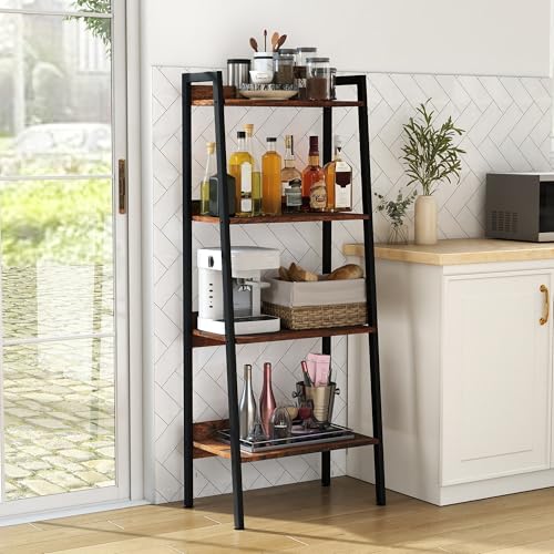 4 Tier Ladder Shelf,22” Wide Tower Storage Shelf, Rustic Brown | Skandiquip 13.5” Narrow Ladder Shelf, Steel Frame Anti-Tip Tall Storage Tower for Books & Plants, Kitchen Living Room Office - color: Rustic Brown, size: 4 Tier