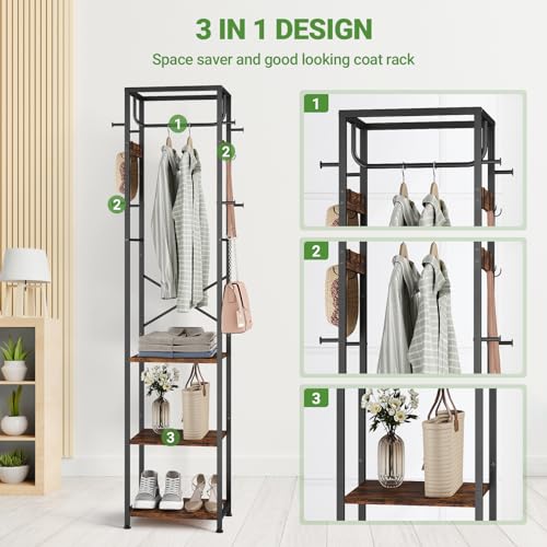 Coat Rack Freestanding, Hall Tree with 3 Shelves and 12 Hooks, Rustic Brown | Industrial Metal Frame, Space-Saving Design, Clothes Rack Stand Organizer for Bedroom, Hallway, Entryway, Office, Living Room - color: Rustic Brown