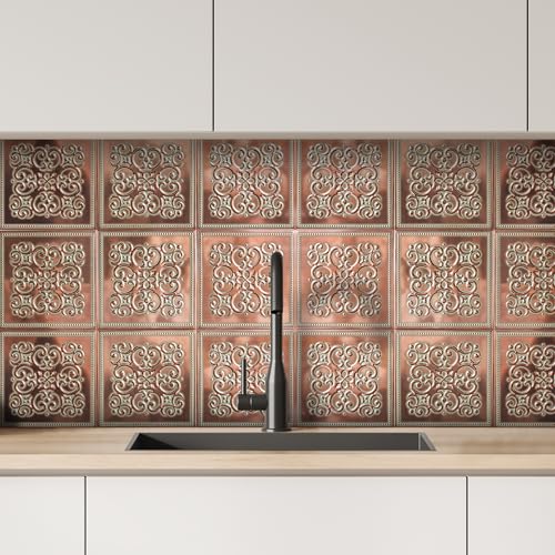 Peel and Stick Metal Backsplash Tiles, Patina Copper, 10-Pack | 8 x 8 in tile size; Covers up to 4.44 sq ft; Aluminum; Water-resistant surface; For kitchens, ceilings, DIY projects - style: Patina Copper