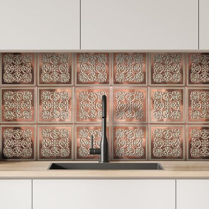 Peel and Stick Metal Backsplash Tiles, Patina Copper, 10-Pack | 8 x 8 in tile size; Covers up to 4.44 sq ft; Aluminum; Water-resistant surface; For kitchens, ceilings, DIY projects - style: Patina Copper