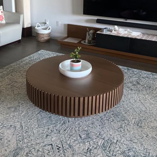 31.49'' Round Coffee Table for Living Room, Modern Wood Nesting Coffee Table Handcraft Circle Fluted Drum Coffee Table, Easy Assembly - color: Walnut, size: 31.49"x17.91"x13.77"