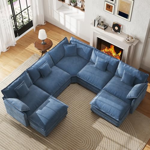 114" Oversized Modular Sectional Sofa, 7-Seater V Shaped Cloud Couch Set, Comfy Chenille Deep Seat Couches with 2 Movable Ottomans, DIY Combination for Living Room (Blue) - color: Blue, size: 114" Coner U Sofa