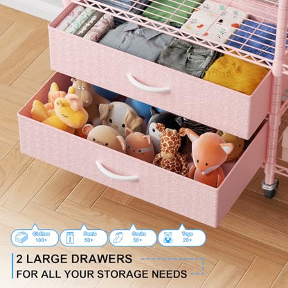 F3R Heavy Duty Clothes Rack（With Lockable Wheels）Freestanding Clothing Racks for Hanging Clothes，Adjustable Closet Organizer System，Portable Garment Rack 40"W x 15"D x 74"H，Max Load 700LBS，Pink - color: Pink, style: Rolling