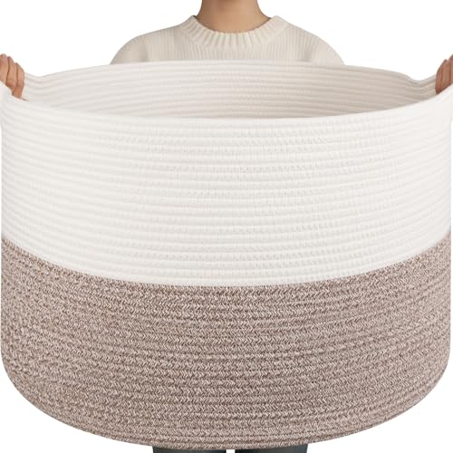 OIAHOMY 115L Extra Large Blanket Basket for Living Room, 23.6" x 15.4" Woven Cotton Rope Laundry Basket for Organizing Pillows, Decorative Stuffed Animal Toy Storage for Nursery, White and Linen Brown - color: White and Linen Brown, size: 23.6"D x 15.4"H