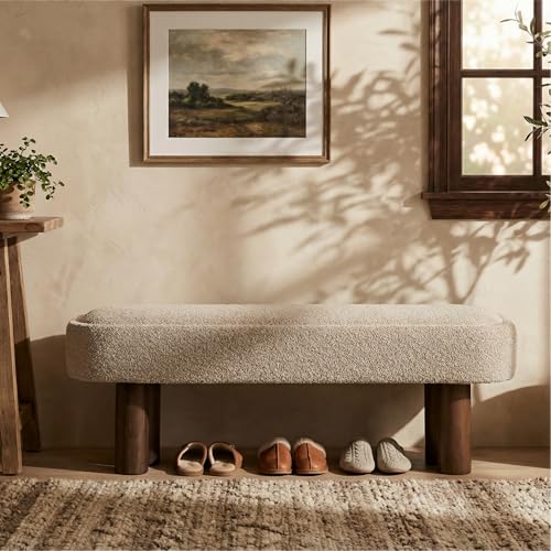 Christopher Knight Home Damas Boucle Upholstered Dining Bench, Wooden Entryway Bench, Long Sofa Footstool for Living Room, Bedroom End of Bed Bench, Khaki+Walnut