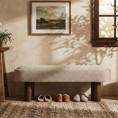 Christopher Knight Home Damas Boucle Upholstered Dining Bench, Wooden Entryway Bench, Long Sofa Footstool for Living Room, Bedroom End of Bed Bench, Khaki+Walnut