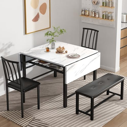 AWQM 4-Piece Faux Marble Drop Leaf Dining Table with Storage Rack, Space Saving Breakfast Nook Table Set with 2 Backrest Chairs and 1 Upholstered Bench, Kitchen Dining Table and Chairs Set for 2-4
