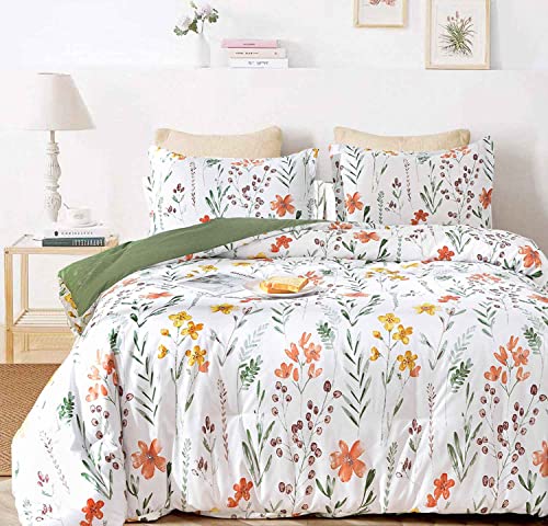 Full Size Comforter Set, White Yellow Floral, Green Leaf Pattern Print Reversible Down Alternative Bed Sets - 80 x 90 3PC Soft Microfiber Flower Duvet Vintage Farmhouse Bedding in a Bag for Women Men - color: White Yellow Floral Comforter Set, size: Full