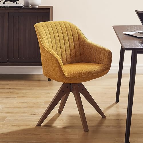 Swivel Desk Chair for Home Office, Fabric, Yellow | No Wheels, Oka Wood Legs, Mid Century Modern, Upholstered, 360° Swivel, Accent Chair, Living Room, Bedroom - color: Yellow, size: Fabric