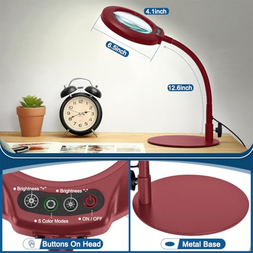 IVMAIE 12X Magnifying Glass with Light, Real Glass Lens, 5 Color Modes Dimmable, Flexible Gooseneck Lighted Magnifier with Stand, LED Desk Lamp Hands Free for Crafts Painting Reading Close Work, Red - color: Red