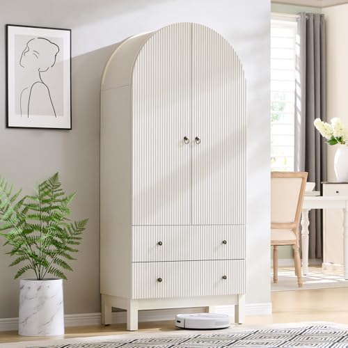 IFGET 71" Tall Arched Pantry Cabinet, Fluted Kitchen Storage Cabinet with Adjustable Shelves and 2 Large Drawers, Freestanding Morden Versatile Cupboard for Living Room, Bathroom, White - color: White