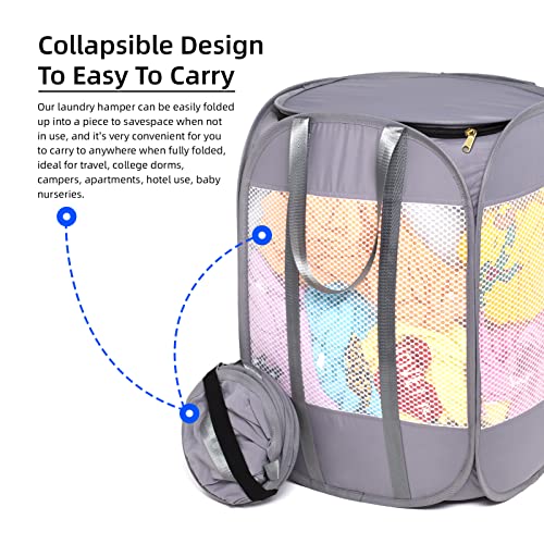 Pop-Up Laundry Hamper with YKK Zipper Lid, 1.5 Loads, Reinforced Handles | Tear-Proof Honeycomb Mesh, Zippered Lid & Tall Design, 14.9" x 14.9" x 21.6", White Laundry Basket, Reinforced Handles