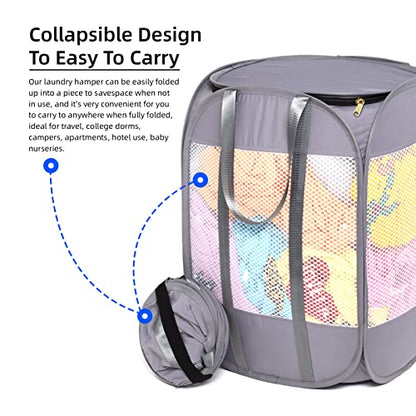 Pop-Up Laundry Hamper with YKK Zipper Lid, 1.5 Loads, Reinforced Handles | Tear-Proof Honeycomb Mesh, Zippered Lid & Tall Design, 14.9" x 14.9" x 21.6", White Laundry Basket, Reinforced Handles