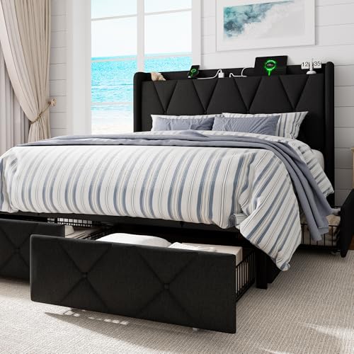 GalnFu Full Size Bed Frame with 4 Large Storage Drawers, Upholstered Platform Bed with Charging Station, Modern Wingback Storage Headboard, Easy Assembly,Noise-Free, Black - color: Black, size: Full