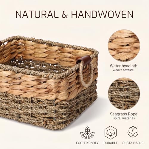 Set of 3 Wicker Basket Natural Seagrass Hyacinth Nesting Storage Baskets with Handles for Organizing Shelves Closet Pantry Living Room Decorative Woven Baskets