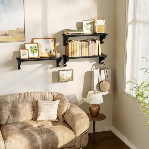 Alsonerbay 17-Inch Wood Floating Shelves for Wall 3-Pack, Black | Built-in hook brackets, pre-drilled easy assembly, 54 lbs total capacity, ideal for plants & decor in family & nursery spaces - color: Black