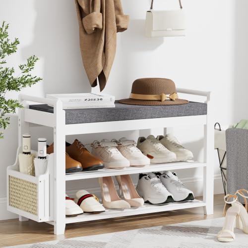 Homaxy 2-Tier Shoe Rack Bench, 28.2 in, White and Dark Grey | Bamboo Entryway Bench, with Side Holder, Shoe Rack Organizer with Cushion for Front Entrance, Hallway Living Room Bedroom - color: White and Dark Grey, size: 28.2 in