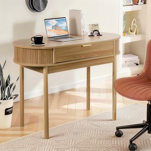 Fluted Small Computer Desk with Drawer, 40 Inch Mid-Century Modern Writing Desk with Solid Wood Legs,Compact Study Table for Small Spaces, Home Office, Bedroom,Walnut - color: Walnut