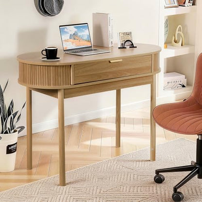 Fluted Small Computer Desk with Drawer, 40 Inch Mid-Century Modern Writing Desk with Solid Wood Legs,Compact Study Table for Small Spaces, Home Office, Bedroom,Walnut - color: Walnut