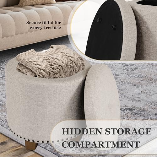 HomePop 18.5" Round Storage Ottoman with Nailheads - Light Brown Fabric - color: Light Brown Fabric