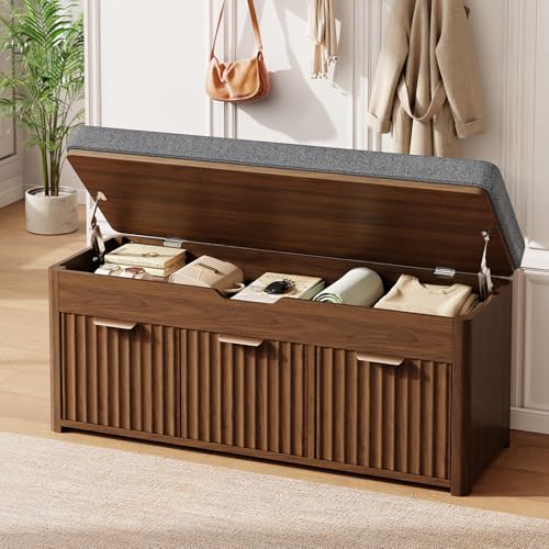 43.5" W Shoe Bench with Storage, Lift Top Entryway Bench, Walnut | 2-Tier Adjustable Shoe Rack with Cushioned Seat, Hidden Storage, Wooden End of Bed Bench for Bedroom, Living Room, Hallway - color: Walnut, size: 43.5"Wx15.8"Dx20.1"H