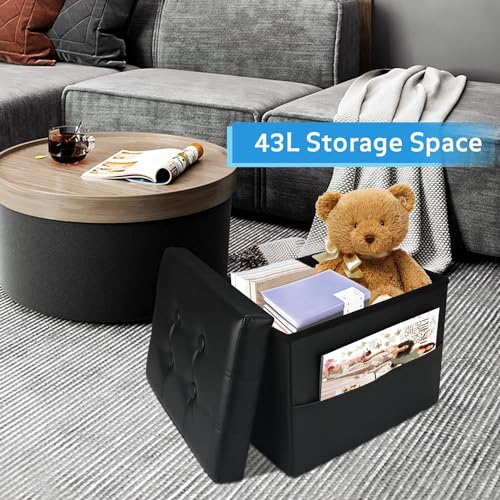 2PC Ottoman with Storage,17" Leather Folding Foot Rest Stool,Black | Small Ottoman with Side Pockets, Thicker Foam Padded Seat, 17 * 13 * 13 Inch, Livingroom, Dorm, Bedroom, Entryway - color: Black-2pc