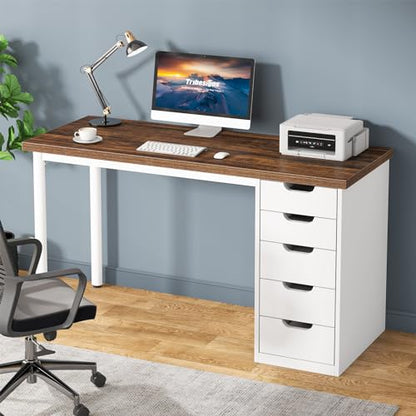 Tribesigns Computer Desk with 5 Drawers, 47 inches Rustic Brown Home Office Desk with Storage, Modern Simple Laptop Desk Study Writing Table for Small Spaces (1, Brown+White) - color: Brown+white