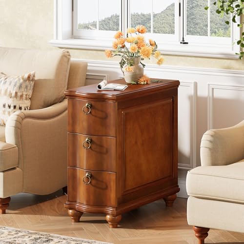 Tribesigns Wood Narrow End Table, Fully Assembled Walnut Nightstand | 3-Drawers Slim Side Table for Bedside, Small Spaces, Living Room, Bedroom, No Assembly Required - color: Walnut Brown