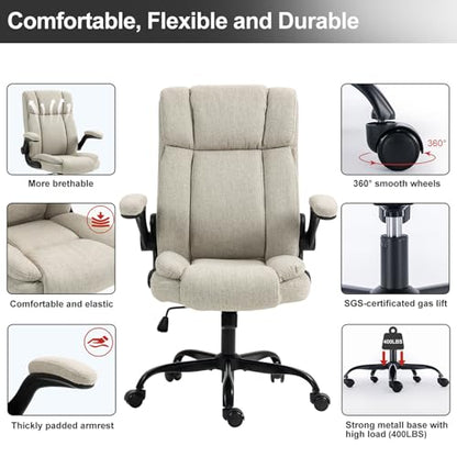 Fabric Office Chair High Back Executive Ergonomic Chair Flip Arms | Premium cloth fabric office chair with high back ergonomic support, flip-up arms, adjustable height, 90°-120° tilt function - color: Beige