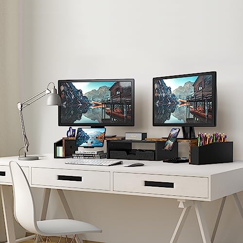 Simple Houseware Desk Dual Monitor Stand Riser with Drawer, Rustic Brown | Customizable Organizer Tray, Built-In Phone & Tablet Slot and Side Storage - color: Rustic Brown