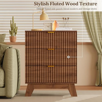 Fluted Nightstand with 3 Large Drawers, Wooden Side End Table with Elevated Legs for Easy Cleaning, Sturdy Modern Beside Table for Small Space, Bedroom, Walnut, 24" L - color: Walnut