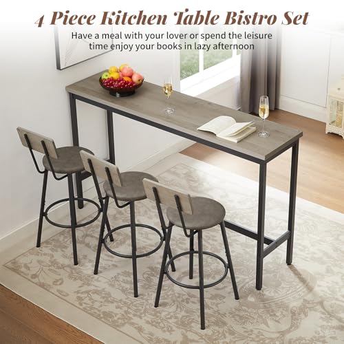 63” Long Bar Table Set for 3, Counter Height Industrial Pub Table with 3 PU Upholstered Bar Stools, Space-Saving Kitchen Breakfast Table and Chairs for Small Spaces, Rustic Gray and Black - color: Grey, style: Long bar table with stools/bar table set for