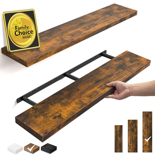 BAYKA Rustic Brown Floating Shelves 47.2in, Set of 2, Wall Mount Wood Shelf | Easy Install, 30lbs Max Load, Hidden Bracket, for Coffee Bar Book Bedroom Kitchen Office Storage Decor, Multi-Wall Compatible - color: B. Rustic Brown - Americana Farmhouse Styl