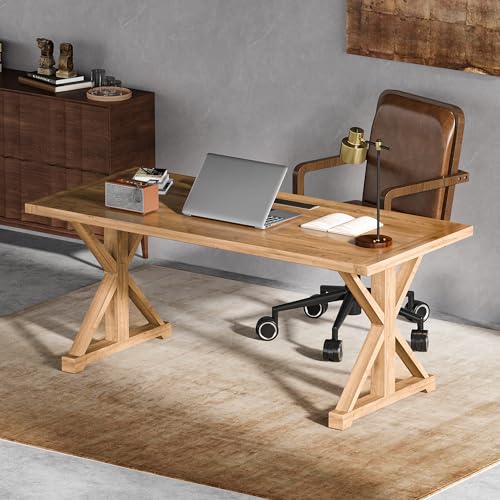 homary 70.9" Solid Wood Executive Desk, Rustic Farmhouse Home Office Desk with X-Trestle Base, Large Writing & Computer Table for Home Office, Study or Dining Space - size: 70.9"L x 31.5"W x 29.5"H