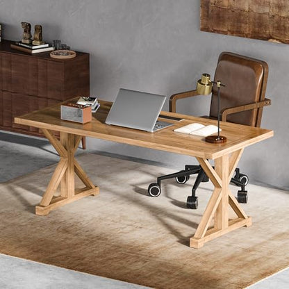 homary 70.9" Solid Wood Executive Desk, Rustic Farmhouse Home Office Desk with X-Trestle Base, Large Writing & Computer Table for Home Office, Study or Dining Space - size: 70.9"L x 31.5"W x 29.5"H