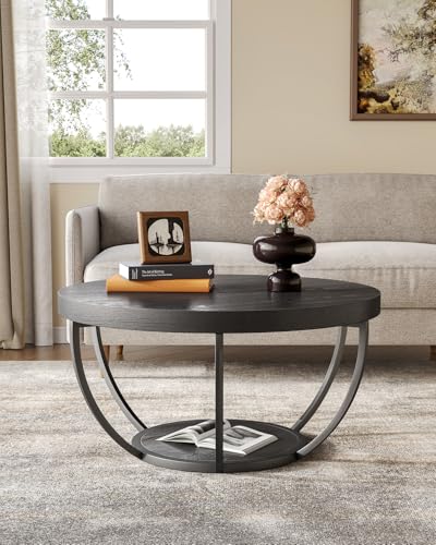 LITTLE TREE Round Coffee Table, 32" Circle Coffee Table for Living Room | 2-Tier Wood Accent Center Table with Open Storage Industrial Design Home Furniture (Black) - color: Black