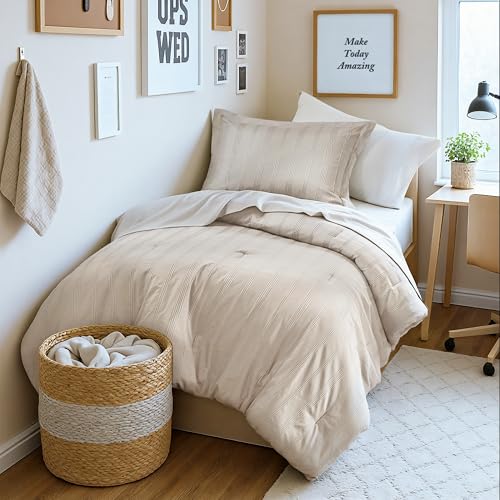 Madison Park Essentials Striped Comforter Set Twin XL, 5 Pieces Modern Minimalist Jacquard Bedding Set for All Season, Bed in A Bag with Sheet Set and Soft Brushed Reverse, Lightweight Neutral - color: Neutral, size: Twin/Twin XL