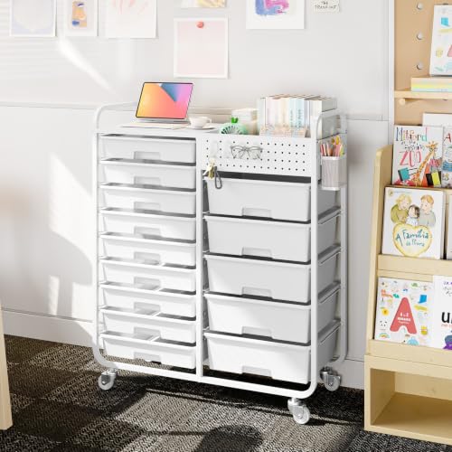 14 Drawer Rolling Storage Cart with Tabletop and Pegboard for Crafts White | Easy Setup, Large Capacity, Sturdy Build, Smooth Mobility, For classroom, office and dorm supplies - color: White