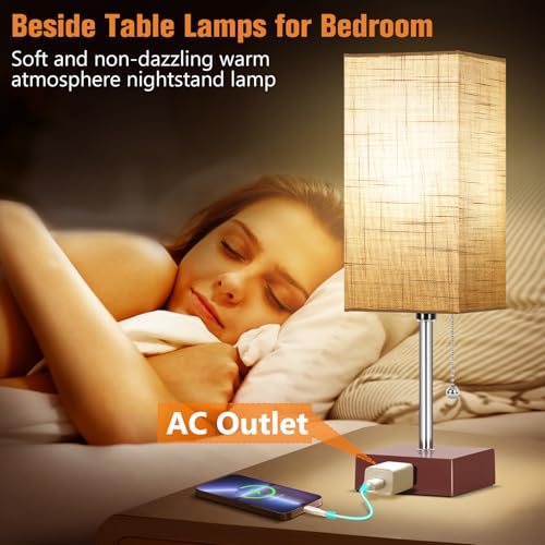 PLMMY Bedside Table Lamp for Bedroom Nightstand, 3 Color Pull Chain Nightstand Lamps Set of 2 with AC Outlets, Square Gray Lampshade Bedside Lamp for Living Room, Office Desk, LED Bulb Included - color: Gray Shade-Brown Base