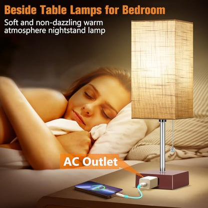 PLMMY Bedside Table Lamp for Bedroom Nightstand, 3 Color Pull Chain Nightstand Lamps Set of 2 with AC Outlets, Square Gray Lampshade Bedside Lamp for Living Room, Office Desk, LED Bulb Included - color: Gray Shade-Brown Base