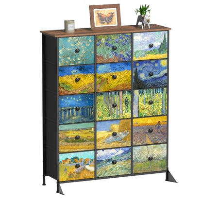 EXOTICA Large Chest of Drawers 15 Drawer Dresser Van Gogh Tall Fabric Dresser for Bedroom Living Room Entryway Closet with Sturdy Metal Frame and Wooden Top - size: Large 15 Drawers