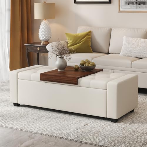 Storage Ottoman Bench with Tray,47" Ottoman with Storage for Living Room, Rectangular Bench with Cushion and Safety Hinge for Bedroom,Holds up to 400 lb,Beige - color: Beige+tray