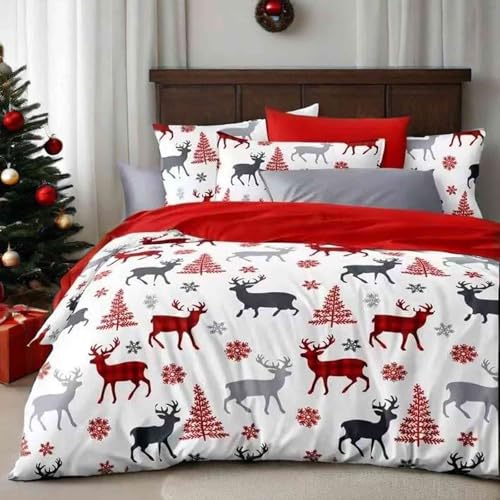 Faincy Queen Comforter Set, White and Red Christmas Tree Elk Deer Snowflake Pattern, Reversible Microfiber Duvet Set, Soft New Year Gift Modern Bedding Set for Women Men Teen, Size 90x90 3PC - color: White and Red Deer Comforter Set, size: Queen