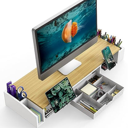 Simple Houseware Desk Dual Monitor Stand Riser with Drawer, Oak | Customizable Organizer Tray, Built-In Phone & Tablet Slot and Side Storage - color: Oak